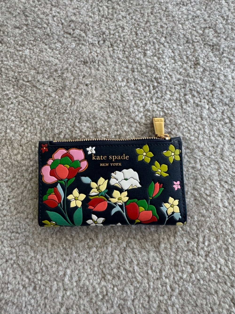 kate spade navy blue floral small bifold wallet gold hardware